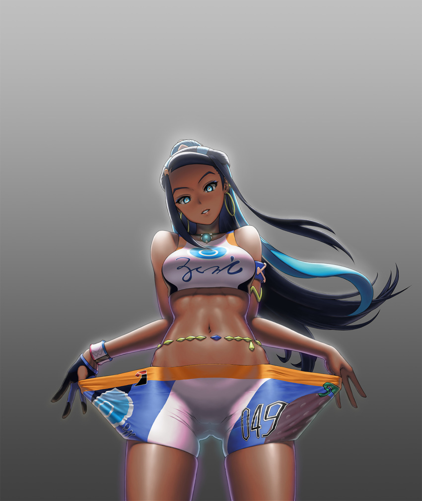 1girl armlet belly_chain bike_shorts black_hair blue_eyes blue_eyeshadow blue_hair breasts clothes_tug commentary dark_skin dark_skinned_female dynamax_band earrings eyeshadow gloves gym_leader head_tilt highres hoop_earrings jewelry kysso long_hair looking_at_viewer makeup multicolored_hair navel necklace nessa_(pokemon) number parted_lips pokemon pokemon_(game) pokemon_swsh shiny shiny_skin single_glove solo two-tone_hair