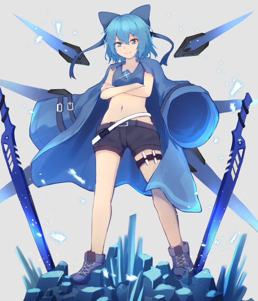 1girl alternate_costume ankle_boots belt black_shorts blue_bow blue_coat blue_eyes blue_footwear blue_hair blue_sports_bra boots bow cirno coat commentary_request crossed_arms detached_wings eyebrows_visible_through_hair flat_chest full_body gem gunbuster_pose hair_bow highres ice_crystal jacket jacket_on_shoulders kogane_ringo long_coat loose_belt mechanical_wings midriff multiple_belts multiple_swords navel planted_sword planted_weapon short_hair shorts solo sports_bra sword touhou weapon wings