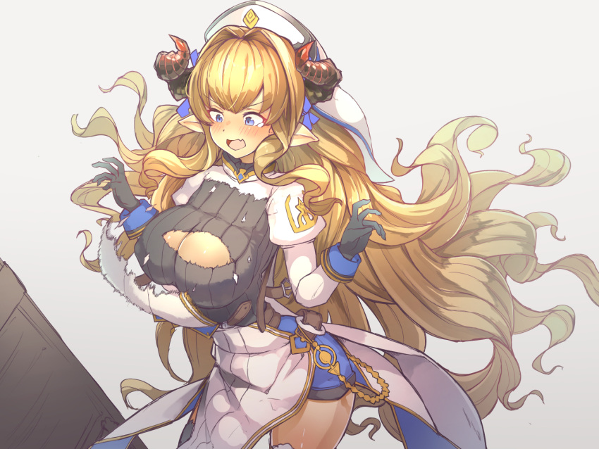 1girl black_gloves blonde_hair blue_eyes blush breasts draph dress gloves granblue_fantasy hat horns large_breasts long_hair moritatsu pointy_ears rastina ribbed_shirt shirt torn_clothes