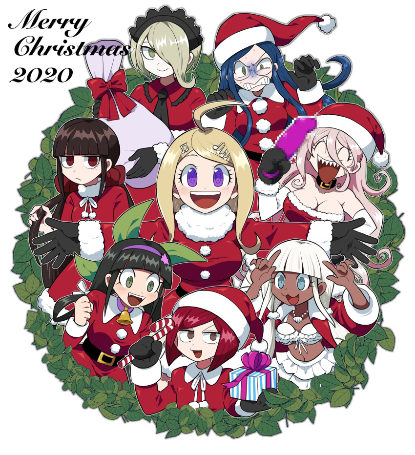 2020 6+girls :3 :d ahoge akamatsu_kaede alternate_costume bangs bare_shoulders belt bikini black_belt black_gloves blonde_hair blue_hair bow box breasts brown_eyes brown_hair chabashira_tenko christmas cleavage commentary danganronpa_(series) danganronpa_v3:_killing_harmony dark_skin dark_skinned_female dildo dress elbow_gloves frills fur-trimmed_dress fur-trimmed_headwear fur_trim furukawa_(yomawari) gift gift_box gloves green_eyes hair_ornament hair_over_one_eye hair_scrunchie hands_up happy harukawa_maki hat highres holding holding_dildo holding_sack iruma_miu jacket large_breasts leaf leaf_print long_hair long_sleeves low_twintails maid_headdress merry_christmas mittens multiple_girls navel open_clothes open_jacket open_mouth outstretched_arms purple_eyes red_bow red_dress red_eyes red_headwear red_scrunchie sack santa_costume santa_dress santa_hat scrunchie sex_toy sharp_teeth shell_necklace shiny shiny_hair shirogane_tsumugi short_hair simple_background skirt smile stomach swimsuit teeth toujou_kirumi twintails white_background white_bikini white_gloves white_skirt yonaga_angie yumeno_himiko