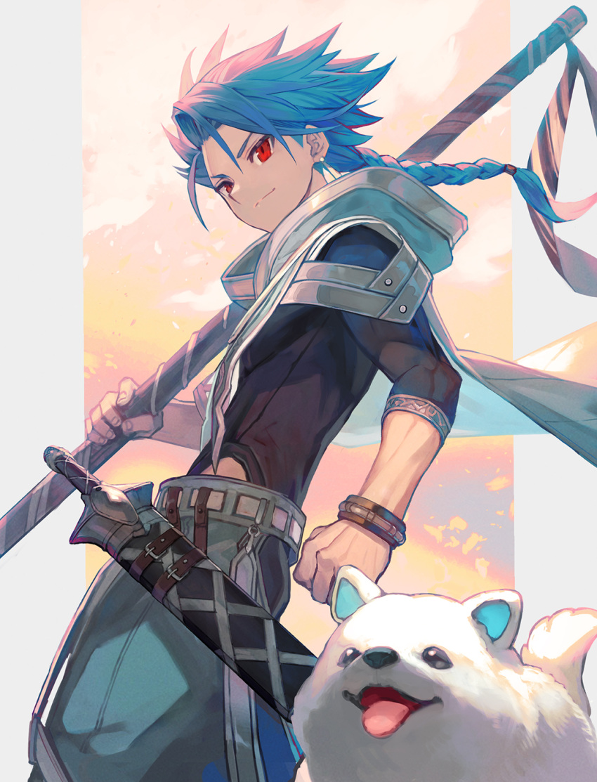 1boy 1other animal blue_hair bracelet braid braided_ponytail cape closed_mouth cu_chulainn_(fate)_(all) dagger dog earrings fate/grand_order fate/grand_order_arcade fate_(series) floating_hair from_side highres holding holding_staff jewelry lack long_hair long_sleeves male_focus official_art ponytail puppy red_eyes setanta_(fate) slit_pupils smile staff tied_hair tongue tongue_out weapon