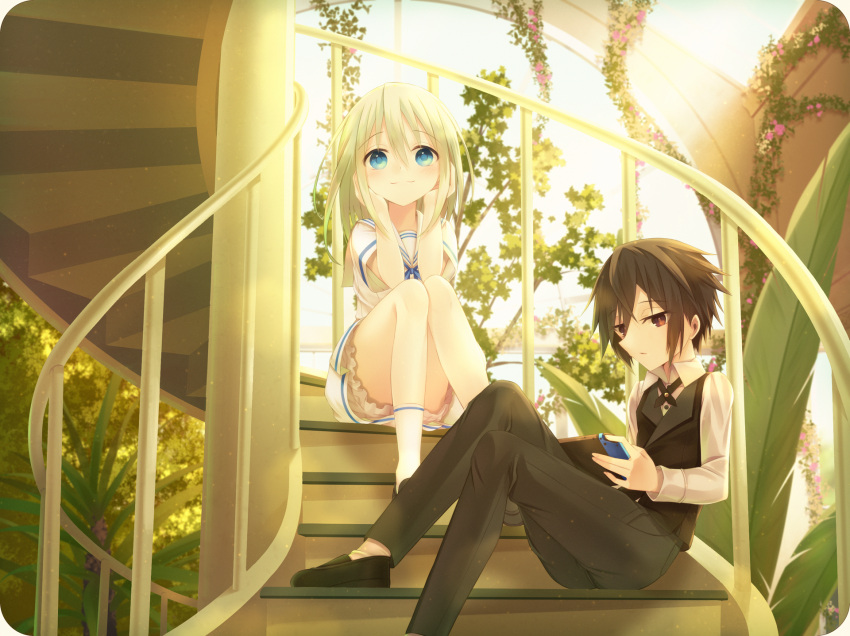 1boy 1girl black_pants blonde_hair blue_eyes blue_ribbon brown_eyes brown_hair closed_mouth collared_shirt controller dress eyebrows_visible_through_hair game_controller hands_on_own_cheeks hands_on_own_face highres holding holding_controller holding_game_controller long_sleeves nintendo_switch original pants ribbon sailor_collar sailor_dress sakakidani shirt short_sleeves sitting sitting_on_stairs sleeve_cuffs smile stairs vest white_dress white_shirt