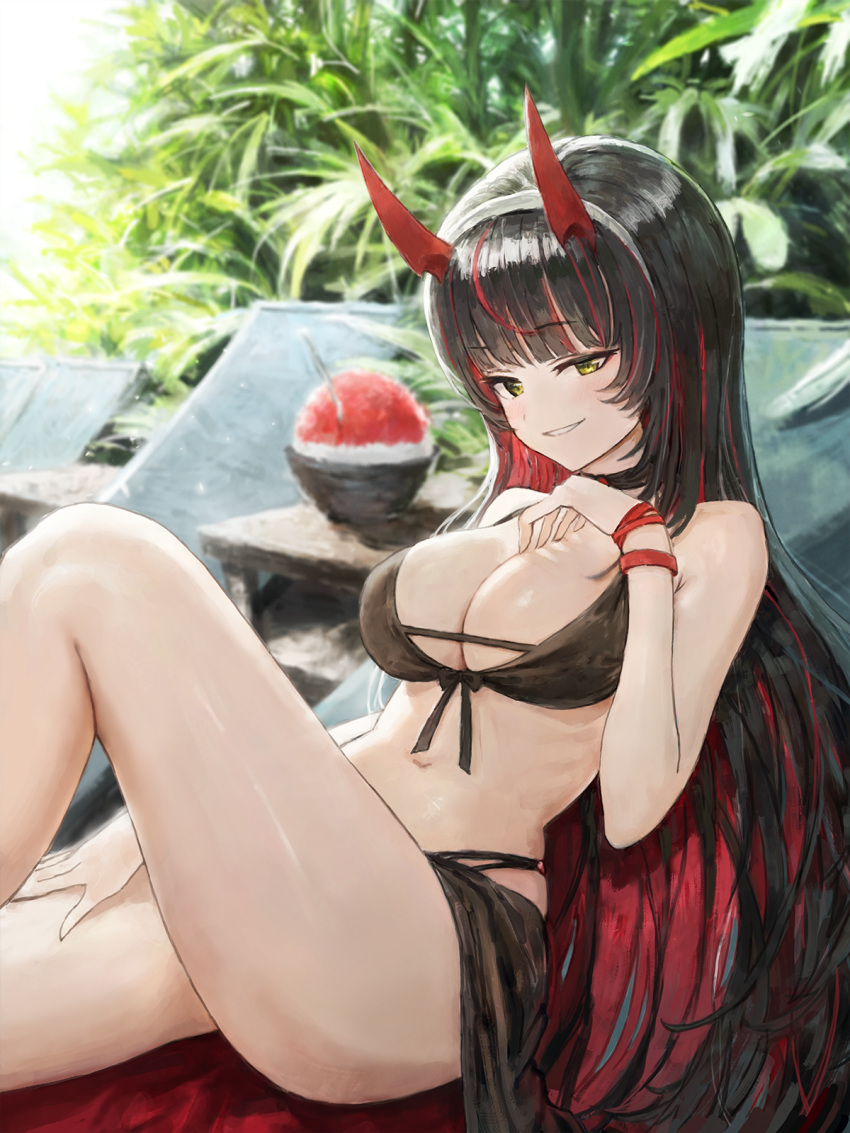 1girl bangs bikini black_bikini black_hair bowl breasts chair character_request choker cleavage eyebrows_visible_through_hair final_gear highres horned_headwear large_breasts looking_at_viewer multicolored_hair navel plant red_hair shaved_ice sitting smile solo sonchi spoon swimsuit yellow_eyes