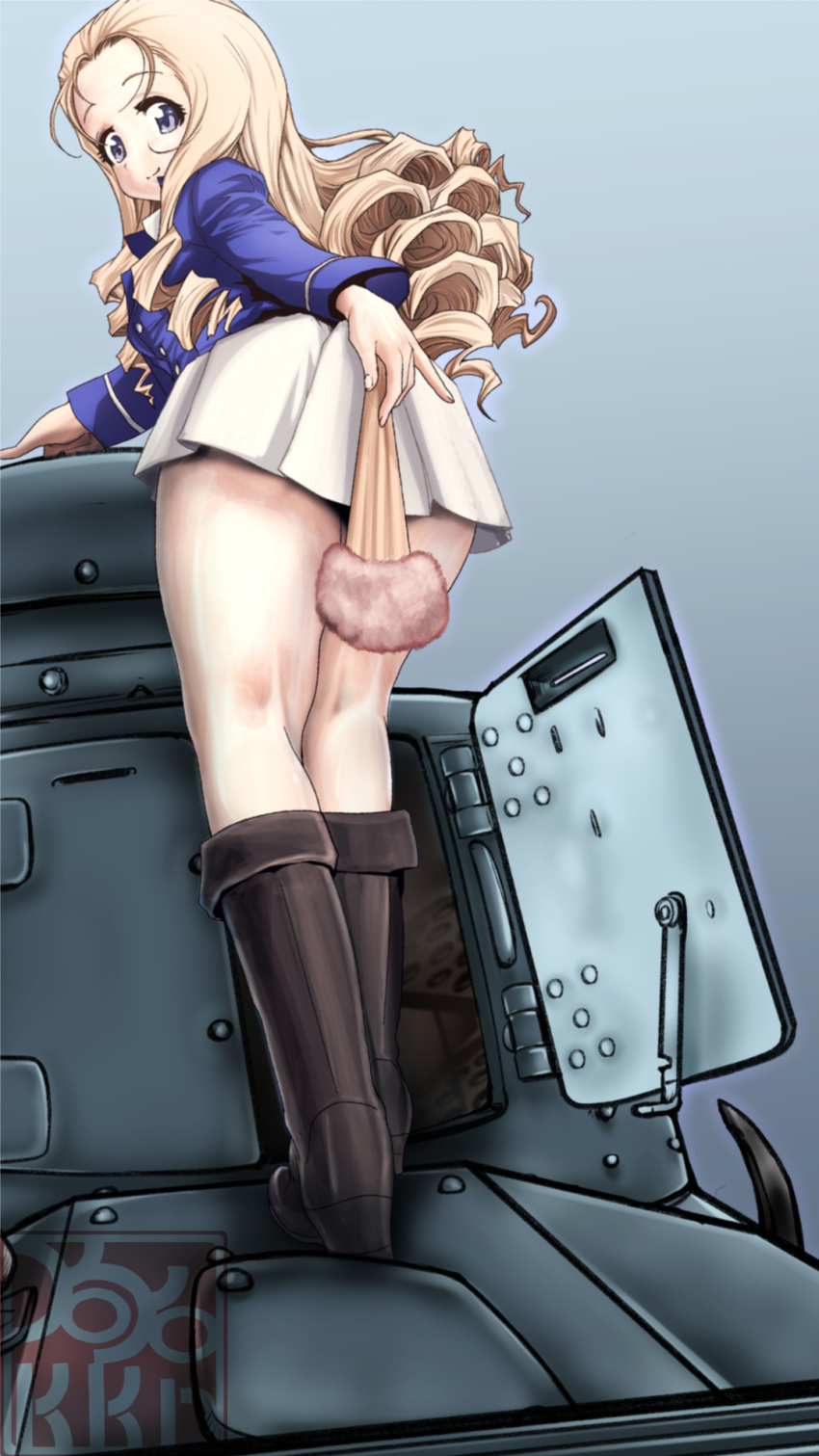 1girl alternate_eye_color artist_logo bc_freedom_military_uniform black_footwear blonde_hair blue_eyes blue_jacket boots closed_mouth commentary_request covering covering_ass drill_hair fan folding_fan from_behind ft-17 girls_und_panzer highres holding holding_fan jacket knee_boots kneepits leaning_forward long_hair long_sleeves looking_at_viewer looking_back marie_(girls_und_panzer) military military_uniform miniskirt partial_commentary pleated_skirt revision skirt smile solo standing uniform white_skirt yoyokkun