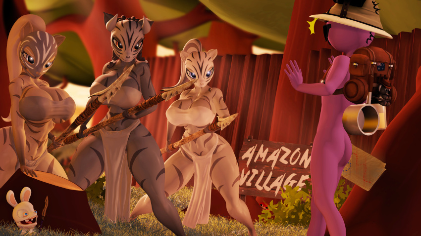 16:9 3d_(artwork) 4k absurd_res anthro big_breasts bottomwear breasts butt cleavage clothed clothing digital_media_(artwork) equid equine female group hasbro hi_res holding_object holding_weapon indigosfm loincloth mammal melee_weapon my_little_pony polearm spear weapon wide_hips widescreen zebra