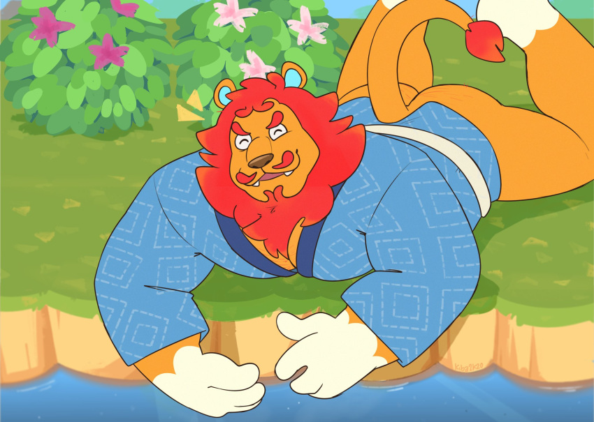 animal_crossing anthro blue_clothing blue_topwear body_hair bottomless butt butt_hair chest_hair clothed clothing eyes_closed facial_hair fangs felid flower grass hi_res kiba24 lion lying male mammal mane mustache nintendo on_front open_mouth open_smile pantherine pecs plant red_mane rory_(animal_crossing) shrub smile solo tail_tuft topwear tuft video_games water