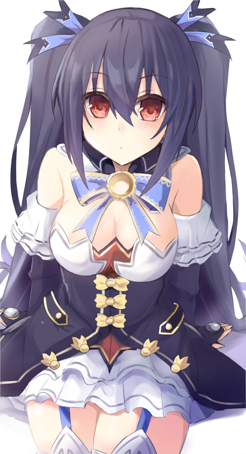 1girl bare_shoulders bimmy black_hair blush breasts cleavage detached_sleeves dress eyebrows_visible_through_hair frilled_dress frilled_sleeves frills hair_between_eyes hair_ribbon highres long_hair looking_at_viewer medium_breasts neptune_(series) noire red_eyes ribbon sitting solo twintails