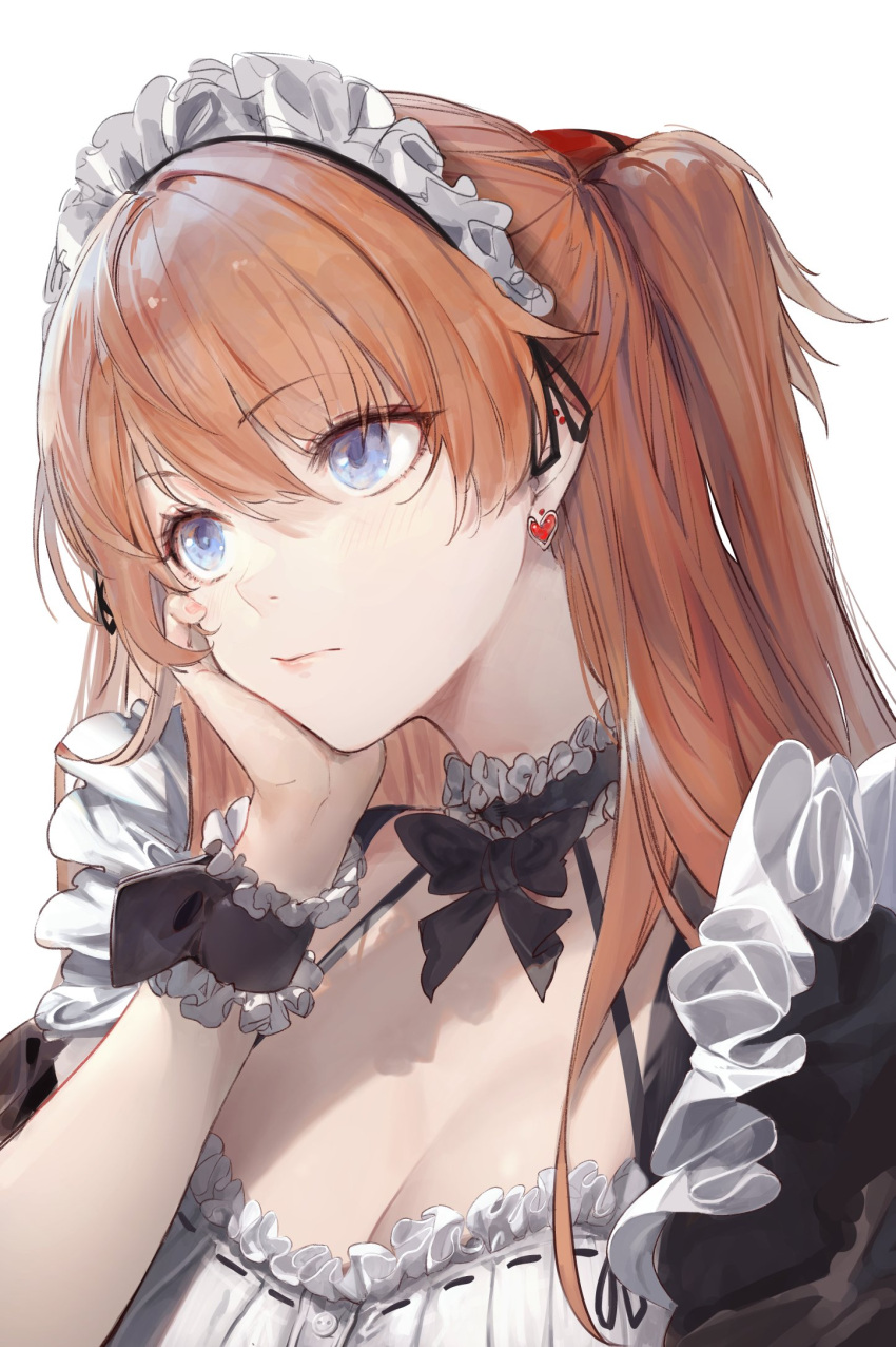 1girl a.t._zero alternate_costume apron bangs blue_eyes breasts cleavage closed_mouth dress earrings enmaided eyebrows_visible_through_hair frilled_apron frills hair_between_eyes head_rest heart heart_earrings highres jewelry long_hair maid maid_headdress neon_genesis_evangelion orange_hair simple_background solo souryuu_asuka_langley two_side_up upper_body white_apron white_background wrist_cuffs