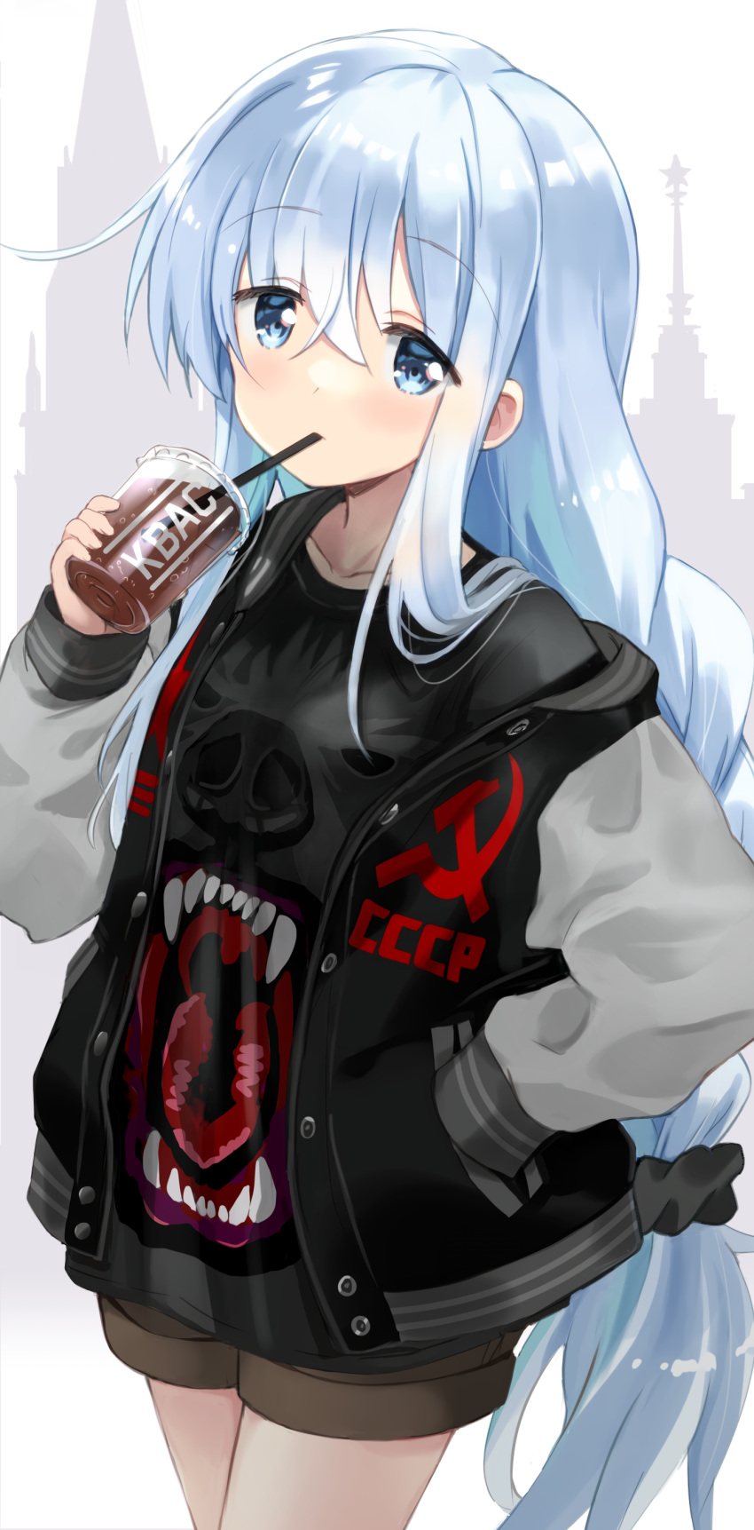 1girl absurdres alternate_costume alternate_hairstyle bangs black_jacket black_shirt blue_eyes brown_shorts collarbone cowboy_shot cup disposable_cup drinking drinking_straw eyebrows_visible_through_hair hammer_and_sickle hand_in_pocket hibiki_(kantai_collection) highres hizuki_yayoi holding holding_cup jacket kantai_collection long_hair long_sleeves looking_at_viewer low_ponytail open_clothes open_jacket print_shirt raglan_sleeves shirt short_shorts shorts silver_hair solo standing verniy_(kantai_collection)