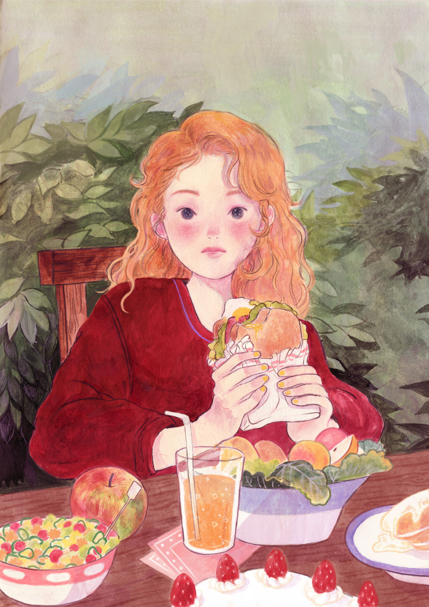 1girl absurdres black_eyes blush bowl chair cup drinking_straw food fruit hamburger highres holding holding_food leaf long_hair long_sleeves looking_at_viewer orange_hair original plant red_shirt shirt solo strawberry upper_body yoovora