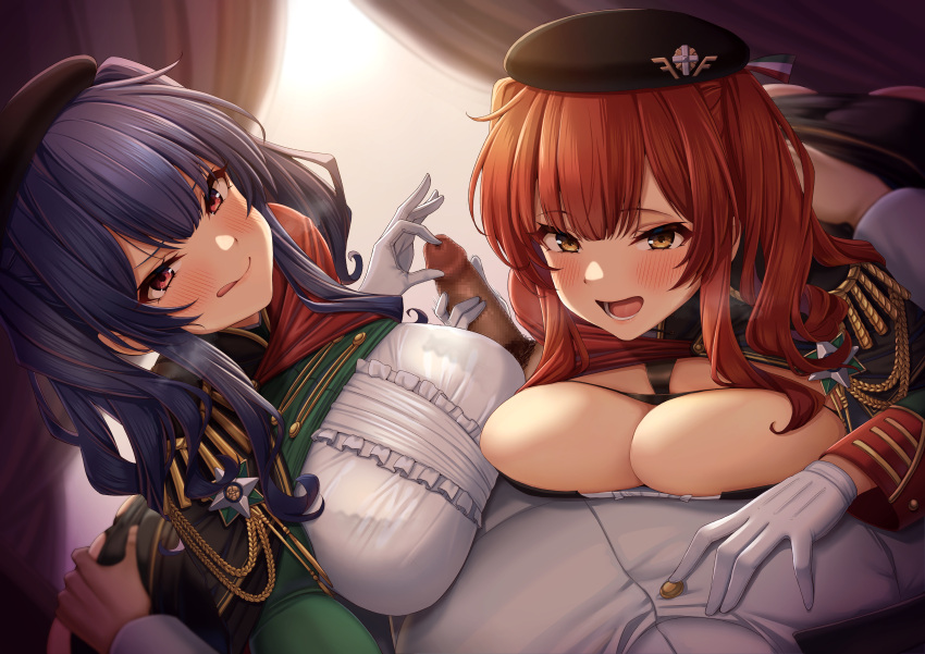 1boy 2girls :q absurdres aiguillette ass_grab azur_lane bangs beret blush bra_through_clothes breasts brown_eyes cape censored cleavage commander_(azur_lane) commentary_request curtains epaulettes eyebrows_visible_through_hair gloves handjob hat heavy_breathing hetero highres huge_breasts indoors long_hair looking_at_viewer male_pubic_hair military military_uniform momo_no_sukebe mosaic_censoring multiple_girls multiple_handjob naval_uniform open_mouth penis pola_(azur_lane) pov pubic_hair purple_hair red_hair sidelocks skindentation smile tongue tongue_out twintails uniform white_gloves zara_(azur_lane)