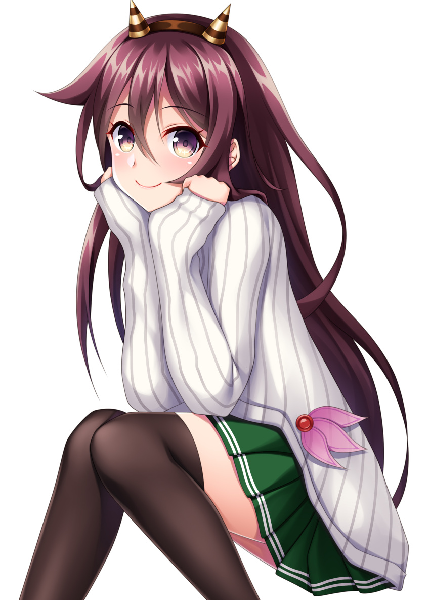 1girl absurdres black_legwear brown_hair closed_mouth eyebrows_visible_through_hair fake_horns feet_out_of_frame green_skirt hair_between_eyes highres horned_headwear horns kantai_collection kisaragi_(kantai_collection) long_hair long_sleeves pleated_skirt purple_hair ribbed_sweater ruin_re_birth simple_background skirt smile solo sweater thighhighs white_background white_sweater yellow_eyes