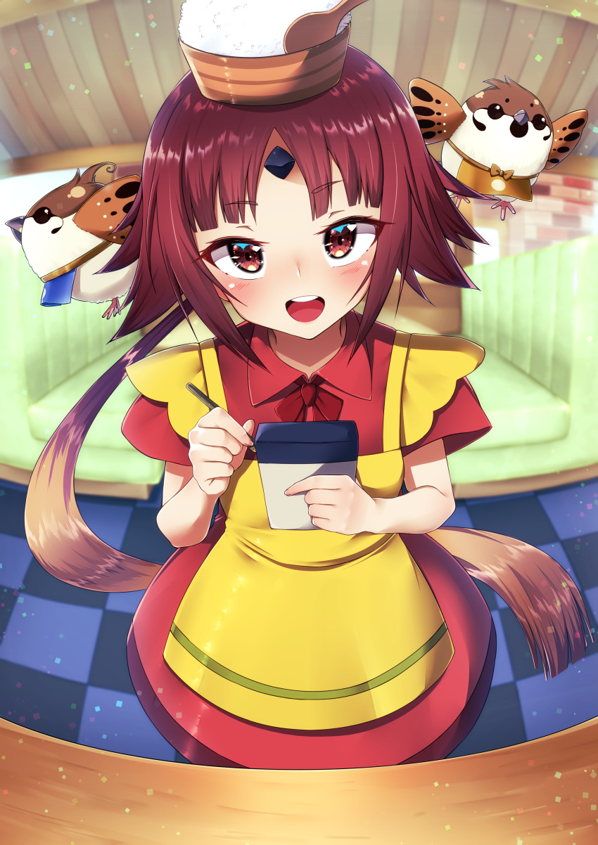 1girl 2others absurdres alternate_costume apron benienma_(fate/grand_order) bird blue_apron blush booth bowl brown_apron brown_hair commentary_request demon_girl eyelashes fate/grand_order fate_(series) floor highres indoors kawaruhi long_hair multicolored_hair multiple_others open_mouth ponytail red_eyes red_hair restaurant rice rice_bowl rice_spoon smile solo sparrow spoon two-tone_hair waitress yellow_apron youkai