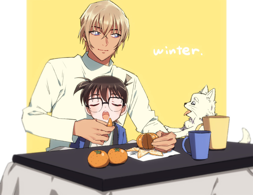 2boys amuro_tooru animal bangs black-framed_eyewear blonde_hair blue_eyes blurry brown_hair child closed_eyes closed_mouth commentary_request cup depth_of_field dog edogawa_conan english_text feeding food fruit glasses hair_between_eyes haro_(meitantei_conan) holding holding_food holding_fruit k_(gear_labo) kotatsu long_sleeves looking_at_another looking_to_the_side male_focus mandarin_orange meitantei_conan multiple_boys napkin open_mouth orange orange_slice shirt short_hair sitting table tongue tongue_out two-tone_background under_kotatsu under_table white_background white_shirt yellow_background