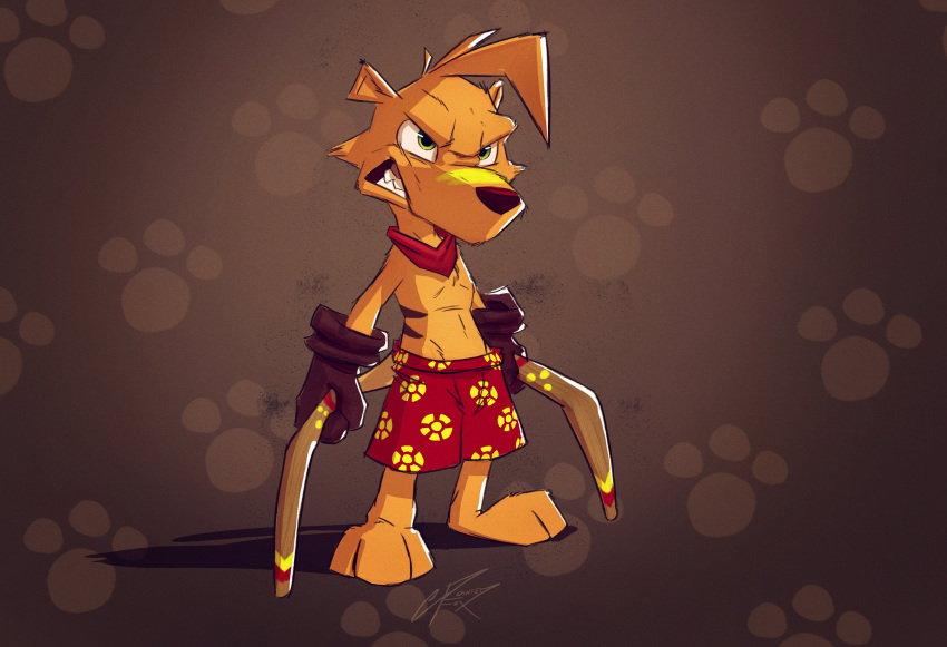 2021 absurd_res anthro barefoot boomerang bottomwear clothed clothing dasyuromorph fur hi_res holding_object holding_weapon light lighting male mammal marsupial pointedfox scarf shorts signature simple_background snarling solo standing thylacine topless ty_the_tasmanian_tiger ty_the_tasmanian_tiger_(series) video_games weapon yellow_body yellow_fur