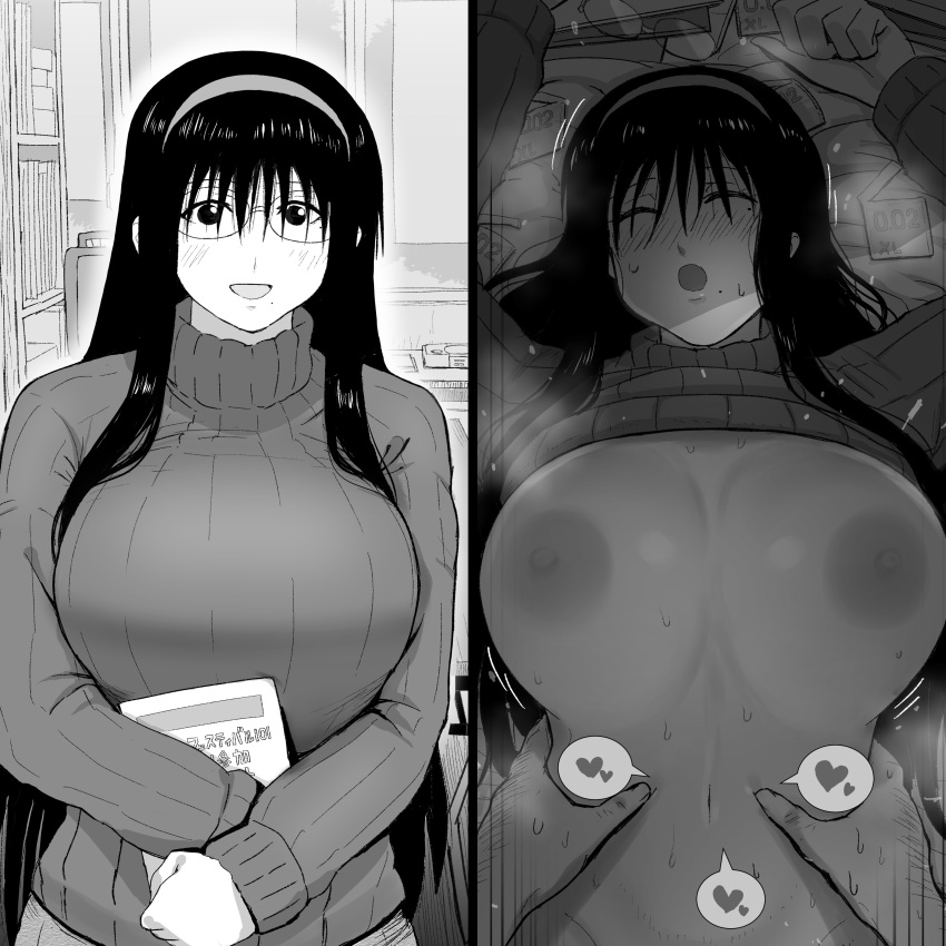 1boy 1girl absurdres arms_up blush book breasts breasts_outside breath closed_eyes condom_wrapper game_console genshiken glasses greyscale guhanshounen hairband heart highres holding holding_book indoors large_breasts long_hair lying mole mole_under_eye mole_under_mouth monochrome navel on_back oono_kanako open_mouth playstation ribbed_sweater round_eyewear sex smile speech_bubble spoken_heart sweater turtleneck turtleneck_sweater