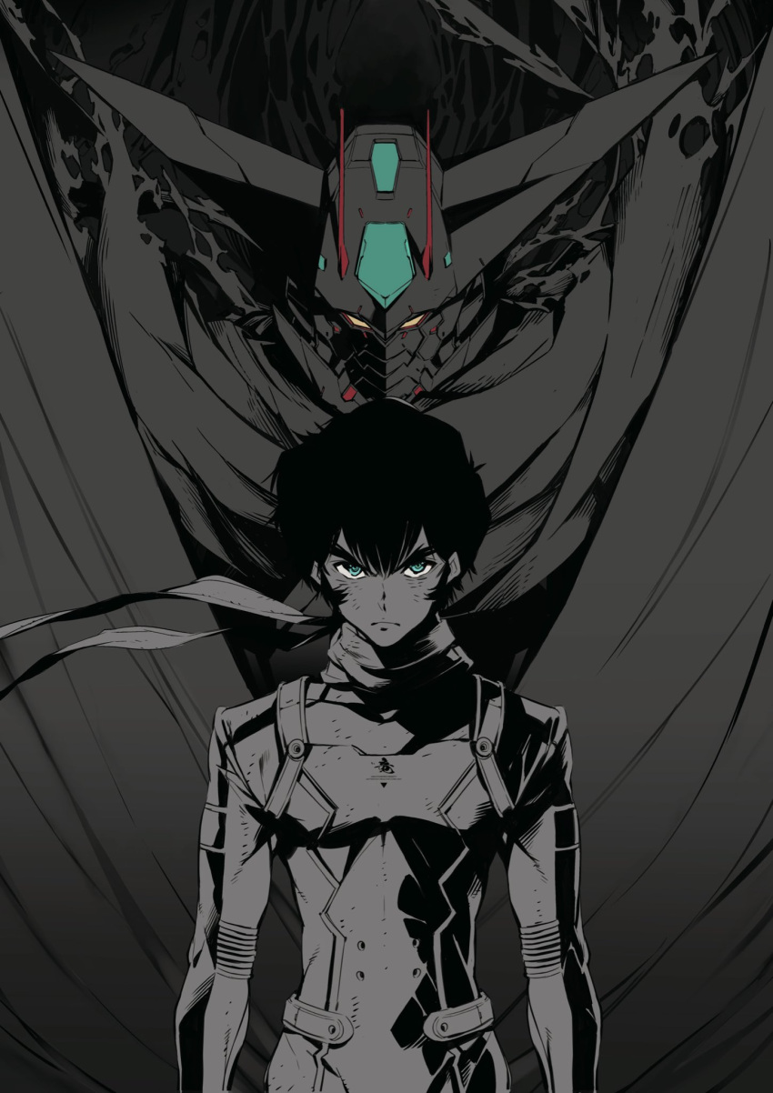 1boy character_request cloak closed_mouth frown getter_robo getter_robo_devolution green_eyes greyscale hair_between_eyes highres looking_at_viewer male_focus mecha monochrome scarf scratches shimoguchi_tomohiro solo spot_color torn torn_cloak torn_clothes yellow_eyes