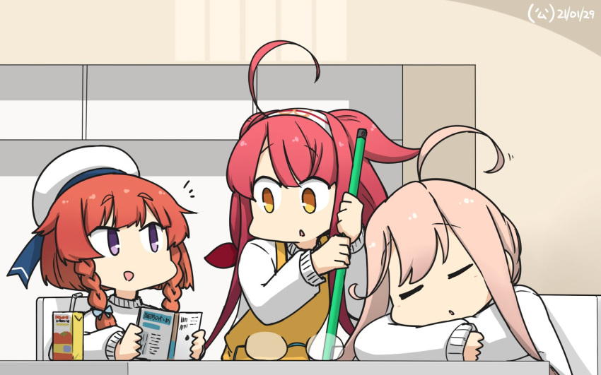 3girls ahoge alternate_costume apron bob_cut braid commentary_request crown_braid dated etorofu_(kantai_collection) eyewear_removed hair_flaps hair_ribbon hairband hamu_koutarou hat highres kantai_collection kawakaze_(kantai_collection) long_hair low_twintails makigumo_(kantai_collection) multiple_girls pink_hair purple_eyes red_hair remodel_(kantai_collection) ribbon sailor_hat side_braid sidelocks sleeping sweater table thick_eyebrows twin_braids twintails upper_body very_long_hair white_headwear white_sweater yellow_apron yellow_eyes
