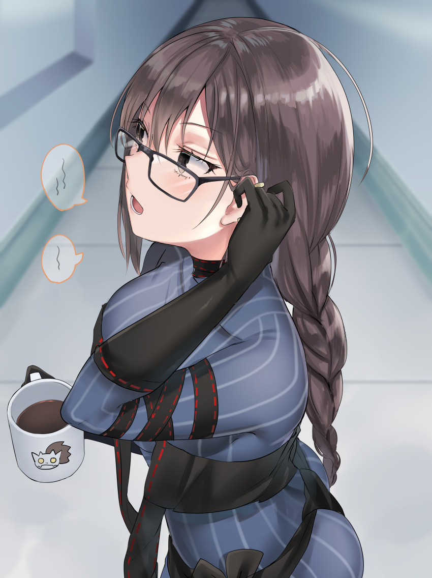 1girl absurdres arm_strap bangs black_dress black_gloves blue_dress blush braid braided_ponytail breasts brown_eyes brown_hair center_opening coffee_mug consort_yu_(fate) cup dress earrings elbow_gloves fate/grand_order fate_(series) fou_(ssqseeker) glasses gloves grey_dress highres jewelry large_breasts layered_dress long_hair long_sleeves mug multiple_earrings open_mouth ribbed_dress ribbon-trimmed_dress single_braid very_long_hair