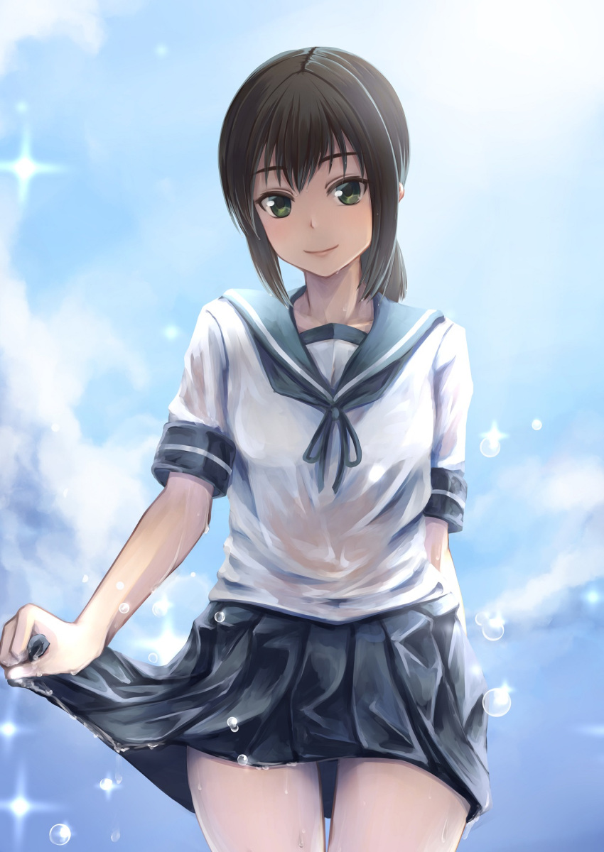 1girl aira_(qwedcxza49) black_hair blue_skirt cowboy_shot fubuki_(kantai_collection) green_eyes highres kantai_collection low_ponytail miniskirt pleated_skirt ponytail sailor_collar school_uniform serafuku shirt short_ponytail short_sleeves sidelocks skirt solo white_shirt