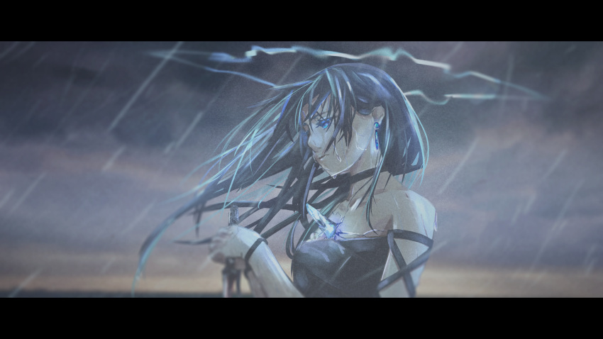 1girl absurdres bare_shoulders black_choker blue_eyes blue_hair bracelet choker closed_mouth cloud cloudy_sky collarbone crystal dagger dripping earrings electricity halo highres holding holding_dagger holding_weapon ishida_tatsuki jewelry long_hair off_shoulder original outdoors rain single_earring sky solo upper_body weapon wet