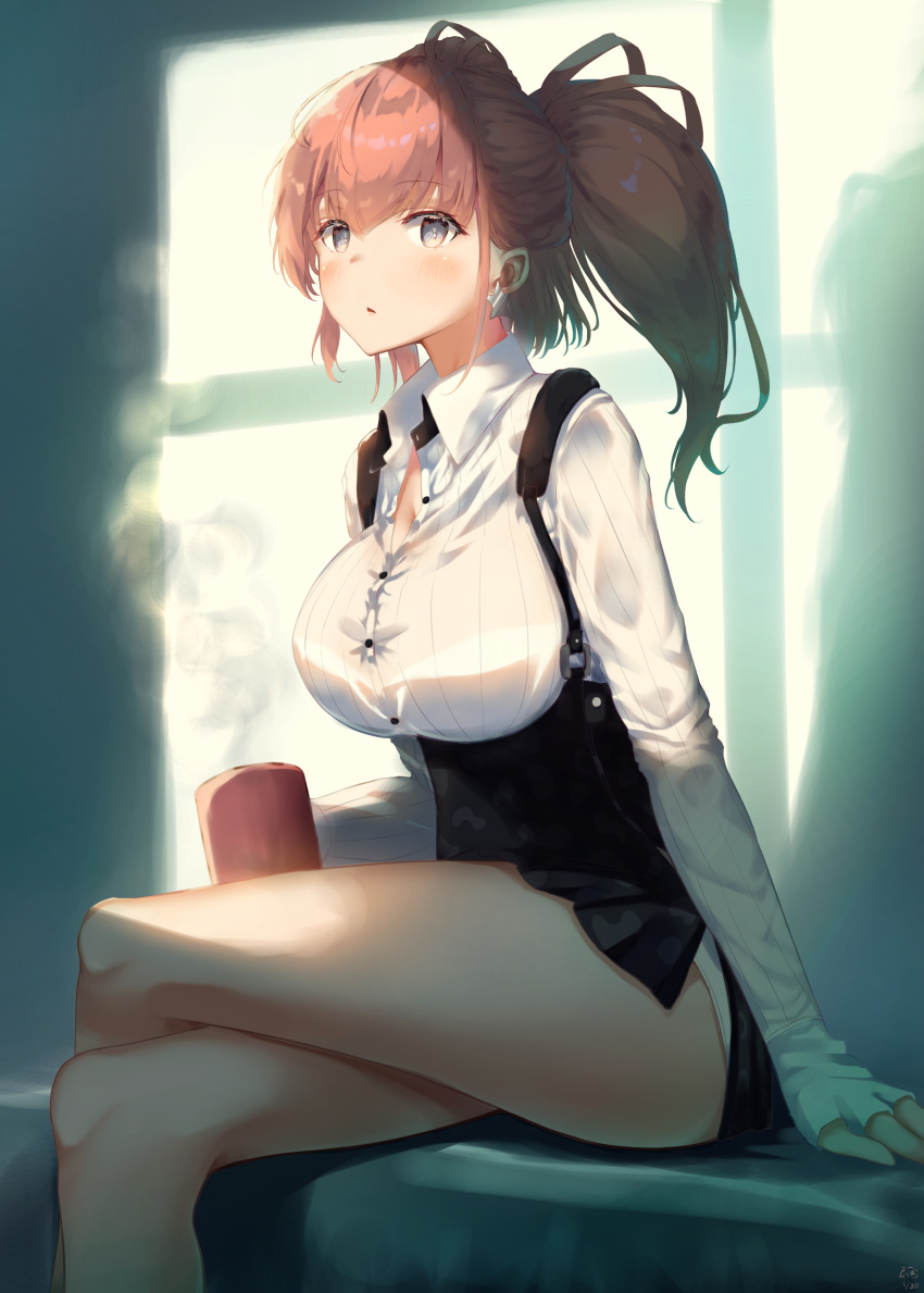 1girl absurdres atlanta_(kantai_collection) black_skirt blush bra bra_through_clothes breasts brown_hair commentary_request crossed_legs cup earrings eyebrows_visible_through_hair garrison_cap grey_eyes hat high-waist_skirt highres holding holding_cup jewelry kantai_collection large_breasts long_hair long_sleeves shanghmely shirt sitting skirt solo star_(symbol) star_earrings suspender_skirt suspenders two_side_up underwear white_shirt
