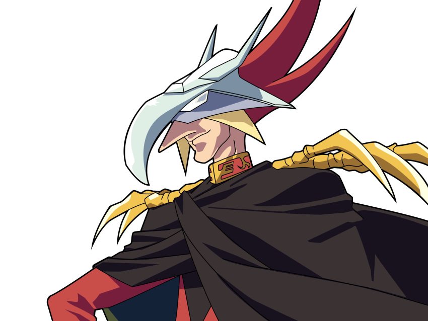 1boy cape char_aznable character_request commentary_request cyborg_009 gundam hand_on_hip highres long_nose mask reprilo_channel simple_background smirk white_background