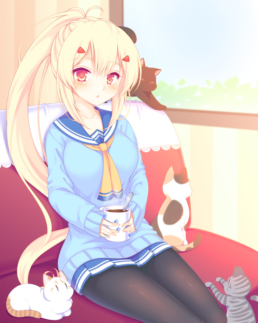 1girl animal ayanami_(azur_lane) azur_lane bangs blonde_hair blue_sailor_collar blue_skirt blue_sweater blush breasts cat commentary_request couch cup eyebrows_visible_through_hair hair_between_eyes hair_ornament hairclip high_ponytail highres holding holding_cup indoors long_hair long_sleeves looking_at_viewer medium_breasts mug on_couch parted_lips pleated_skirt ponytail red_eyes sailor_collar sakurato_ototo_shizuku school_uniform serafuku sidelocks sitting skirt sleeves_past_wrists solo spoon sweater very_long_hair window yellow_neckwear