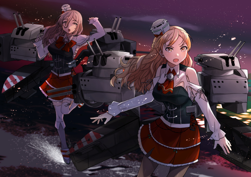 2girls absurdres bangs black_legwear blonde_hair bow bowtie braid breasts cloud corset detached_sleeves french_braid grey_hair hair_between_eyes hat highres kantai_collection large_breasts leg_up long_hair long_sleeves mini_hat multiple_girls night open_mouth outdoors pantyhose pola_(kantai_collection) red_neckwear red_skirt rigging skirt sky thighhighs toriniku_senshi_chikinman wavy_hair white_headwear white_legwear zara_(kantai_collection)