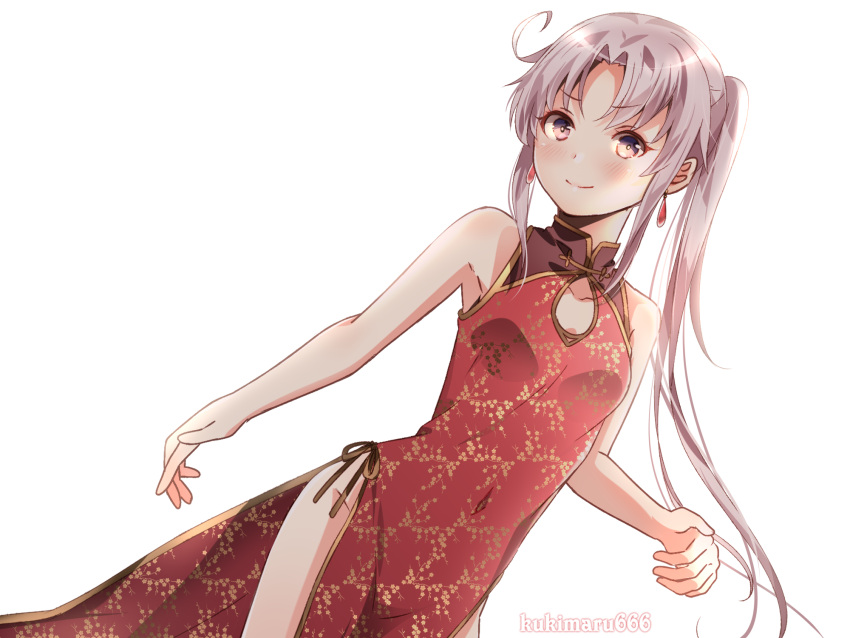 1girl akitsushima_(kantai_collection) alternate_costume breasts china_dress chinese_clothes cowboy_shot dress earrings grey_hair hair_ornament highres jewelry kantai_collection kukimaru lips lipstick long_hair looking_at_viewer makeup purple_eyes purple_hair red_dress side_ponytail simple_background sleeveless small_breasts solo white_background