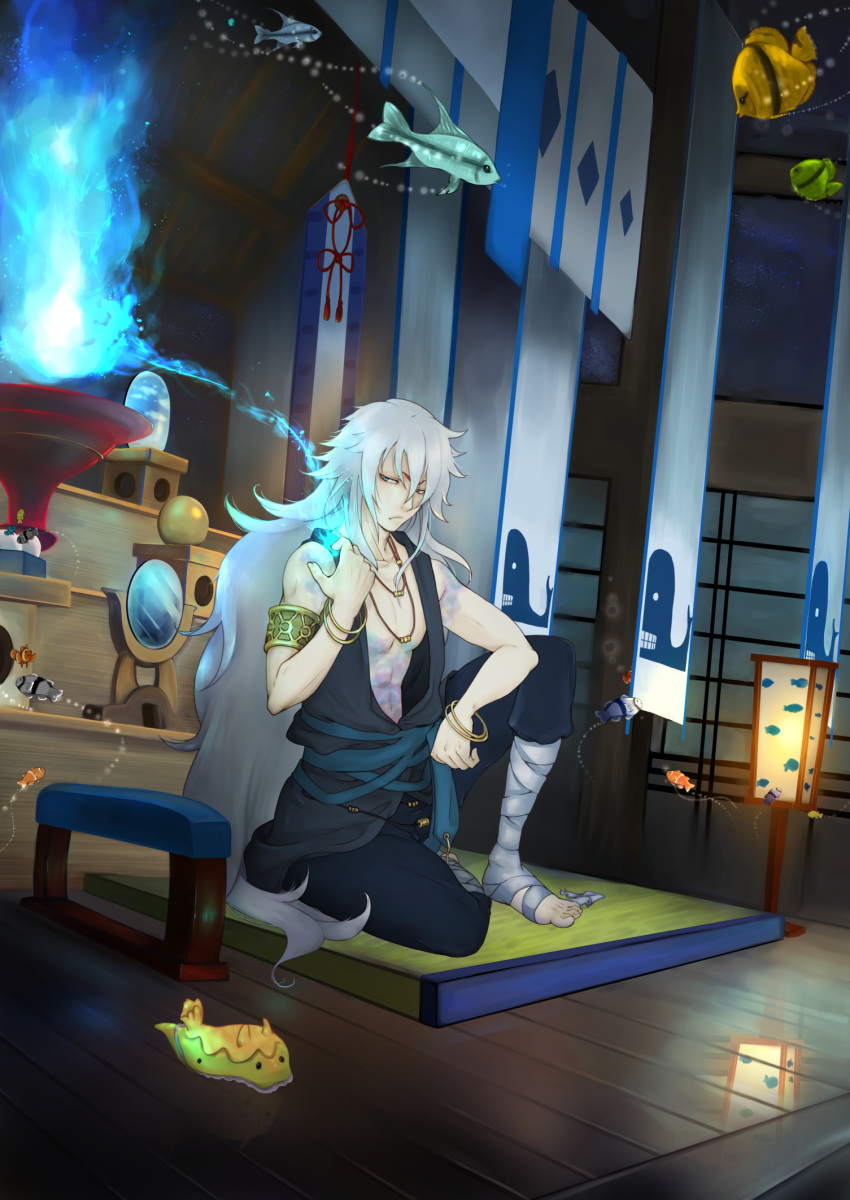 1boy armlet bangle blue_eyes bracelet clownfish fish hair_between_eyes hand_on_hip highres hitodama indoors jewelry kainarbell lantern leg_wrap long_hair male_focus mirror nagi_no_asukara necklace paper_lantern reflection sea_slug shrine solo toes toned toned_male uroko_(nagi_no_asukara) white_hair wooden_floor