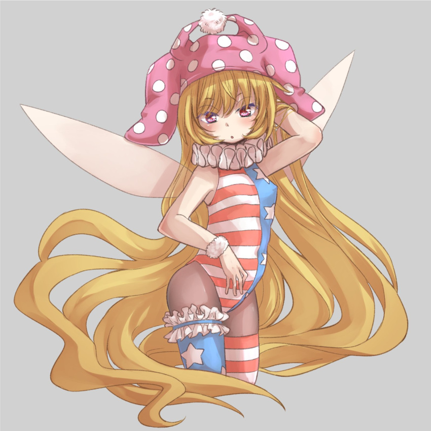 1girl absurdly_long_hair adapted_costume alternate_legwear american_flag_legwear bare_arms bare_shoulders black_legwear blonde_hair breasts clownpiece cropped_legs fairy_wings grey_background hat highres jester_cap leotard long_hair looking_at_viewer neck_ruff nibi pantyhose pink_eyes polka_dot simple_background sleeveless small_breasts solo star_(symbol) striped thighhighs touhou very_long_hair wings wrist_cuffs