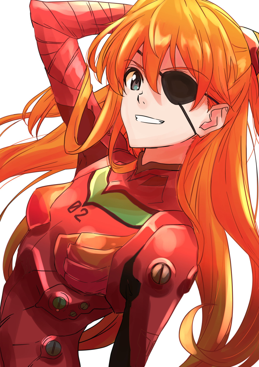 1girl absurdres blue_eyes bodysuit evangelion:_3.0_you_can_(not)_redo eyebrows_visible_through_hair eyepatch fujimoto_satoru highres interface_headset long_hair looking_at_viewer neon_genesis_evangelion orange_hair plugsuit rebuild_of_evangelion red_bodysuit shikinami_asuka_langley simple_background smile solo souryuu_asuka_langley upper_body white_background