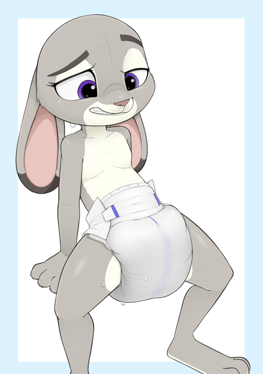 anthro bodily_fluids diaper disney dripping female fur grey_body grey_fur hi_res judy_hopps lagomorph leporid long_ears looking_down mammal nyanyakotarou paws pink_nose purple_eyes rabbit sitting soaked_diaper solo teeth water wet zootopia