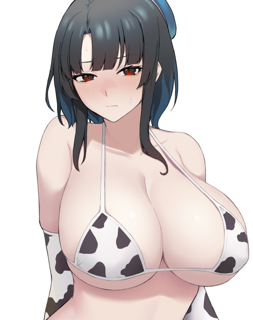 1girl animal_print beret bikini black_hair blue_headwear blush breasts cleavage collarbone cow_print elbow_gloves gloves hat highres kantai_collection large_breasts looking_at_viewer micro_bikini red_eyes short_hair sidelocks simple_background solo swimsuit takaman_(gaffe) takao_(kantai_collection) white_background
