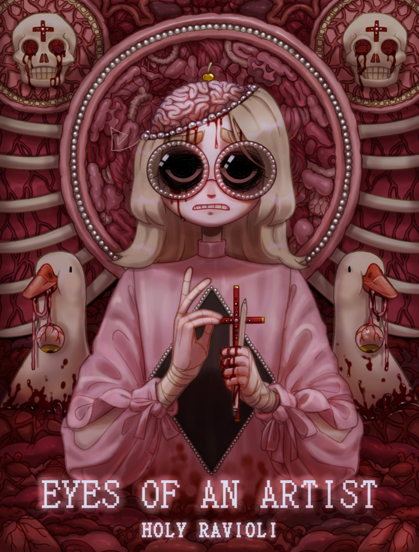 1girl bandaged_arm bandages bird black_eyes bleeding blonde_hair blood bloody_tears brain clenched_teeth cross dress duck entrails eyeball guro hands_up highres holding holding_cross holding_pencil holy_ravioli latin_cross looking_at_viewer lungs organs original pale_skin pencil pink_dress ribs round_eyewear skull solo sunglasses teeth