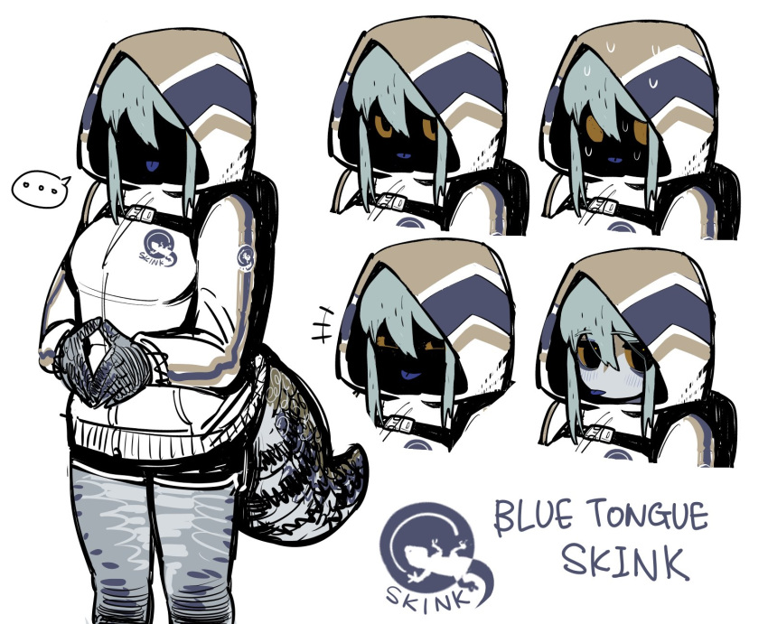 +++ 1girl :p blue-tongued_skink blue-tongued_skink_(sparrowl) blue_tongue character_name colored_skin colored_tongue expressions grey_pants grey_skin highres jacket jitome lizard_girl logo long_sleeves looking_at_viewer monster_girl multicolored multicolored_skin multiple_views original pants purple_skin scales simple_background smile sparrowl standing steepled_fingers sweat sweating_profusely tongue tongue_out white_background white_jacket wide-eyed yellow_eyes