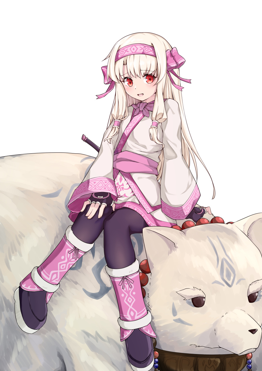 absurdres ainu_clothes bear black_gloves black_legwear bow commentary_request dress fate/grand_order fate_(series) fingerless_gloves gloves hair_bow hairband heartpark highres illyasviel_von_einzbern leg_warmers looking_at_viewer on_animal pantyhose pink_bow pink_hairband platinum_blonde_hair red_eyes shirou_(fate/grand_order) sitonai sitting white_dress