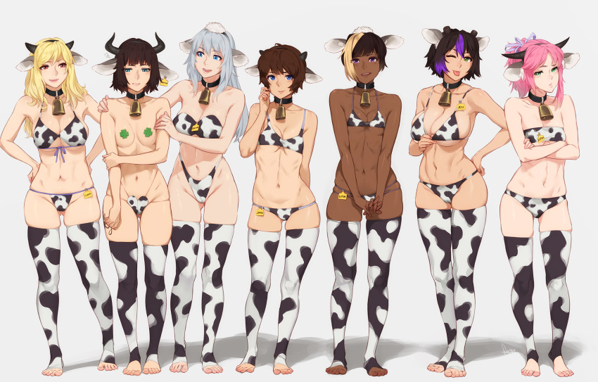 6+girls animal_ears animal_print bell bell_choker bikini black_hair blonde_hair blue_eyes breasts brown_hair choker cleavage closed_mouth cow_ears cow_horns cow_print dark_skin dark_skinned_female english_commentary feguimel green_eyes grey_background highres horns large_breasts long_hair looking_at_viewer multicolored_hair multiple_girls navel one_eye_closed original pink_hair purple_eyes purple_hair short_hair silver_hair simple_background small_breasts standing swimsuit thighhighs toeless_legwear tongue tongue_out two-tone_hair