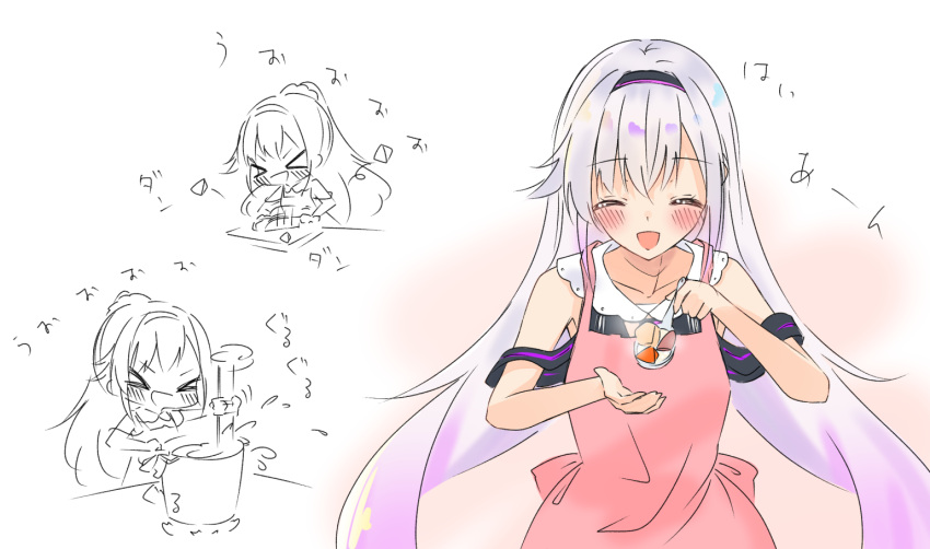 &gt;_&lt; .live 1girl apron blush carro_pino chibi closed_eyes collarbone cooking food headband long_hair offering open_mouth purple_hair rascala39 solo spoon virtual_youtuber white_background