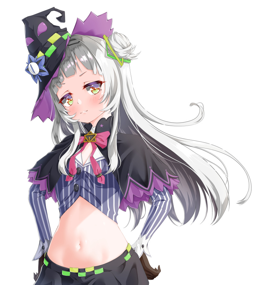 1girl :3 absurdres bangs black_capelet black_gloves black_headwear black_skirt blunt_bangs blush bow bowtie capelet closed_mouth cowboy_shot cropped_shirt doyagao flat_chest gloves grey_hair grey_shirt groin hair_ornament hairband hands_on_hips hat hexagram_hair_ornament highres hololive long_hair long_sleeves looking_at_viewer lowleg lowleg_skirt midriff miniskirt murasaki_shion navel pink_neckwear pinstripe_pattern shirt short_eyebrows side_bun sidelocks silver_hair simple_background skirt smug solo stomach striped tilted_headwear v-shaped_eyebrows virtual_youtuber white_background witch_hat yakatora yellow_eyes