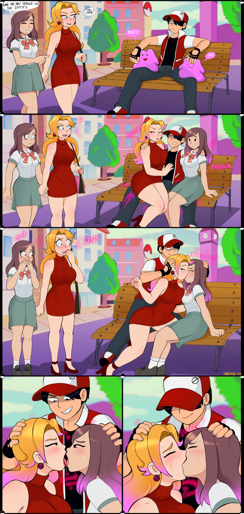 &lt;3 ? absurd_res big_breasts blush breasts clothed clothing detailed_background dialogue ditto_(pok&eacute;mon) english_text female french_kissing group hat headgear headwear hi_res human kissing male mammal nintendo not_furry pok&eacute;mon pok&eacute;mon_(species) red_(pok&eacute;mon) shadman text underwear video_games