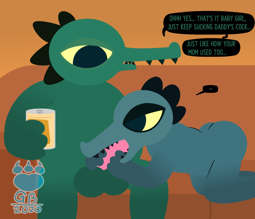 2020 absurd_res alcohol alligator alligatorid balls bea_santello beer beverage beverage_can bunnybara butt crocodilian daughter dialogue duo english_text father father_and_child father_and_daughter female furniture genitals green_body hi_res incest_(lore) male male/female mr_santello_(nitw) night_in_the_woods oral parent parent_and_child reptile scalie sex sitting sofa speech_bubble teeth text video_games