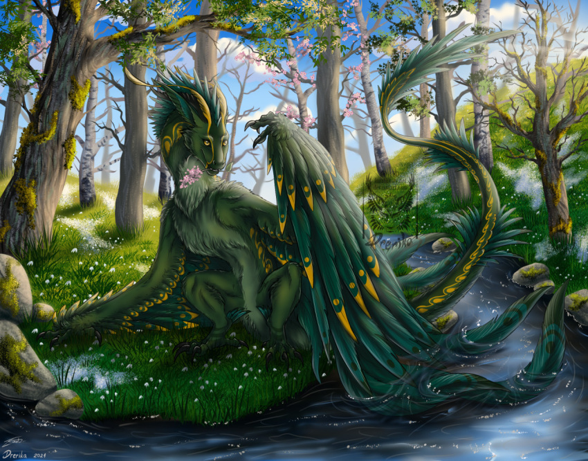 2021 ambiguous_gender claws day detailed_background digital_media_(artwork) dragon drerika feathered_dragon feathered_wings feathers feral forest fur furred_dragon grass horn outside plant sky solo tree water wings wyvern