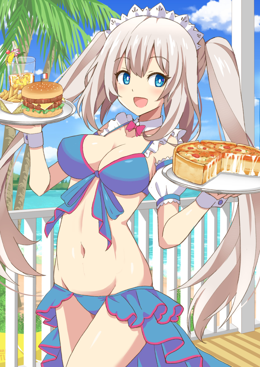 1girl bangs bare_shoulders beach bikini blue_bikini blue_eyes blue_sky blush breast_expansion breasts cleavage collarbone fate/grand_order fate_(series) food french_fries hamburger highres large_breasts long_hair looking_at_viewer maid_headdress marie_antoinette_(fate/grand_order) marie_antoinette_(swimsuit_caster)_(fate) navel open_mouth pizza plate silver_hair sky smile swimsuit thighs twintails very_long_hair xiafuizui