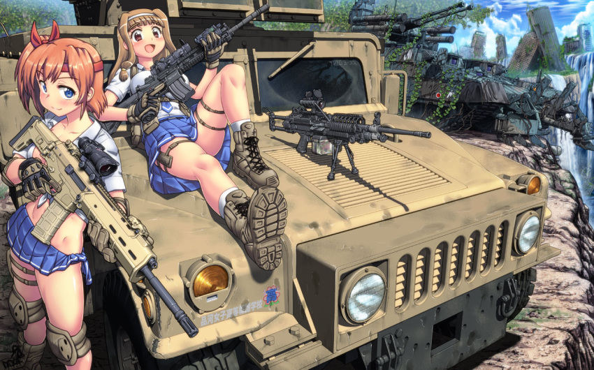 2girls :d assault_rifle blue_eyes blush boots brown_eyes brown_hair cloud collarbone fn_scar gloves ground_vehicle gun hairband hase_yu headband holding holding_gun holding_weapon humvee knee_pads legs light_machine_gun long_hair looking_at_viewer lying m249 m4_carbine machine_gun midriff military military_vehicle motor_vehicle multiple_girls on_back open_mouth original pleated_skirt rifle school_uniform serafuku short_hair side_ponytail sidelocks skirt sky smile socks tank thigh_strap weapon white_legwear