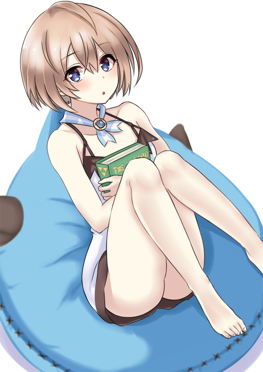 1girl ass bare_legs bare_shoulders barefoot blanc blue_eyes blush book book_hug bottomless brown_hair curious dogoo dress hair_between_eyes highres holding holding_book knees_together_feet_apart knees_up legs looking_at_viewer neptune_(series) no_panties open_mouth short_hair sitting_on_pillow solo spaghetti_strap stuffed_toy thighs upskirt white_dress zatsu