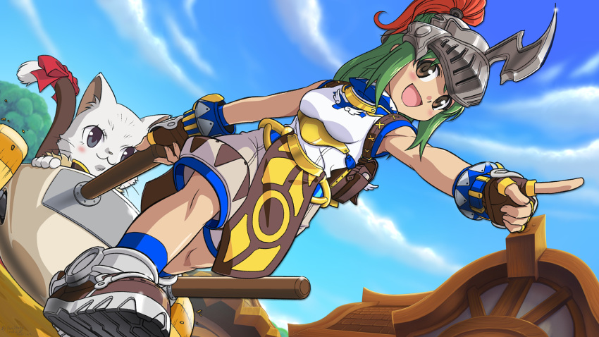1girl :3 anime_coloring armored_shoes bangs blue_legwear blue_sky blush bow breasts brown_eyes brown_gloves cart cat cloud commentary_request dated day dutch_angle eyes_visible_through_hair fan_zhong fingerless_gloves full_body furry gloves green_eyes helmet highres house long_hair looking_at_viewer medium_breasts open_mouth outdoors pants pelvic_curtain plume pointing pointing_forward pouch ragnarok_online red_bow shirt signature sky sleeveless sleeveless_shirt socks summoner_(ragnarok_online) super_novice_(ragnarok_online) tail tail_bow tail_ornament tree visor_(armor) walking white_pants white_shirt