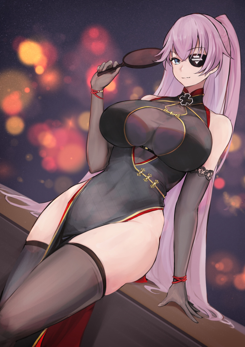 1girl azur_lane bare_shoulders black_dress black_legwear blue_eyes blurry bokeh breasts china_dress chinese_clothes cleavage covered_navel depth_of_field dress dutch_angle elbow_gloves eyepatch gloves gold_trim grey_gloves highres holding large_breasts long_hair looking_at_viewer marshall_k no_panties pelvic_curtain pink_hair ponytail scharnhorst_(azur_lane) scharnhorst_(panther_und_pflaume)_(azur_lane) sleeveless sleeveless_dress smile solo taut_clothes taut_dress thighhighs thighs very_long_hair