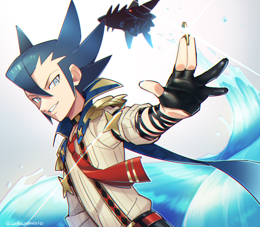 1boy bangs black_gloves blue_cape blue_hair cape coin commentary_request epaulettes gen_3_pokemon glint gloves grey_eyes grimsley_(pokemon) hair_between_eyes highres holding holding_coin looking_at_viewer male_focus mega_pokemon mega_sharpedo momoji_(lobolobo2010) necktie parted_lips partially_fingerless_gloves pokemon pokemon_(creature) pokemon_(game) pokemon_masters_ex red_neckwear sharpedo shirt sleeves_rolled_up smile spiked_hair suspenders water water_drop